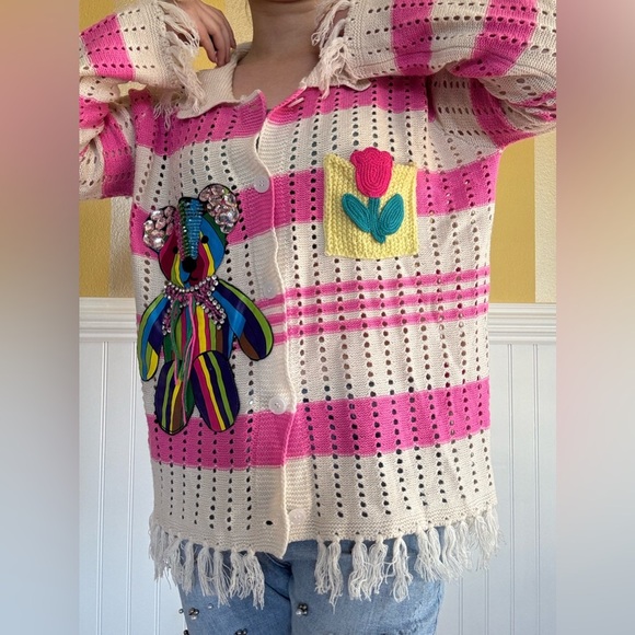 Colorful Striped Cardigan with Bear and Flower Patches - Picture 5 of 6